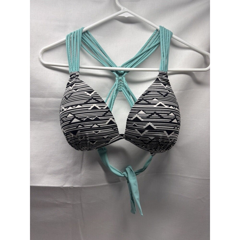 O’Rageous Bikini Top Womens XL Black White Geo Print Aqua Strappy Swim Top